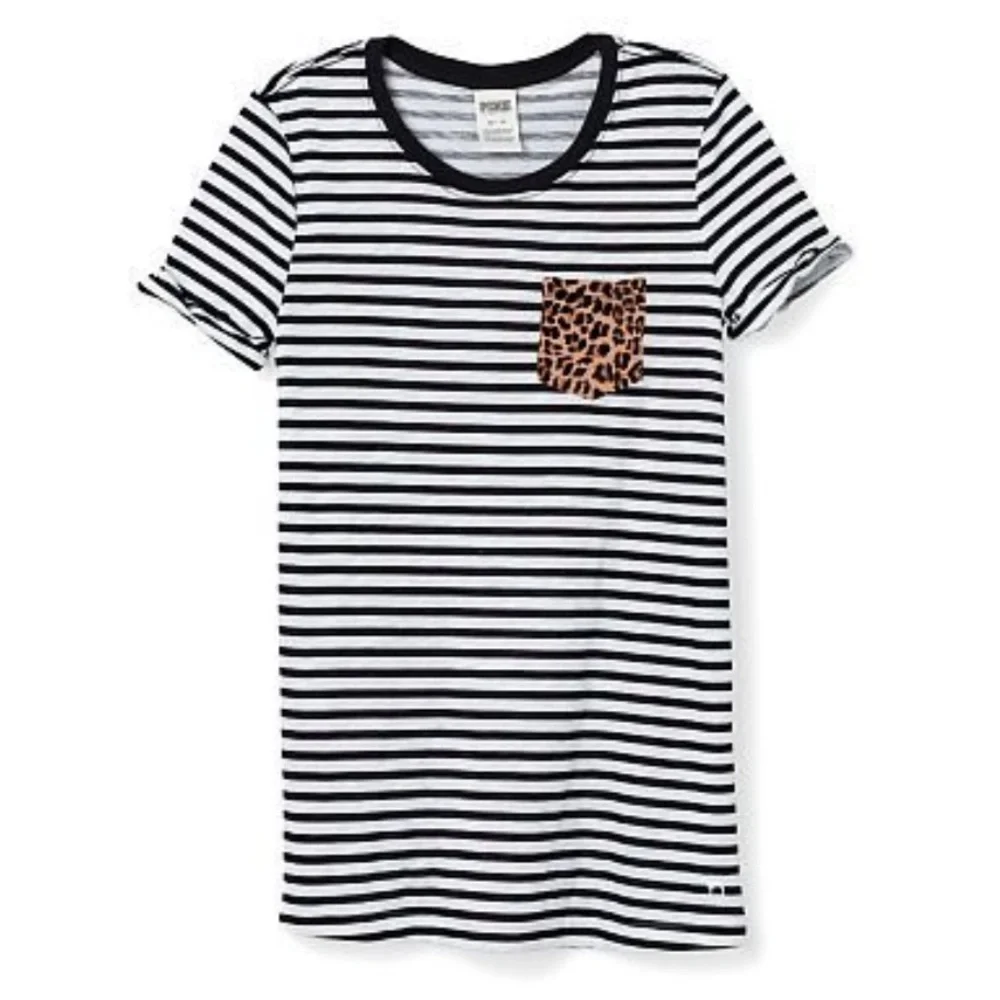 VS VICTORIAS SECRET PINK CREW SHORT SLEEVE POCKET TEE TOP BLACK WHITE LEOPARD L